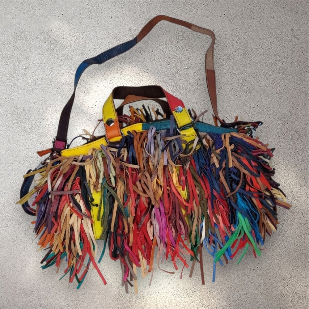 Vintage Multicolored All Leather Fringed Handbag Y2K Boho Tassel Satchel Purse - Picture 3 of 14